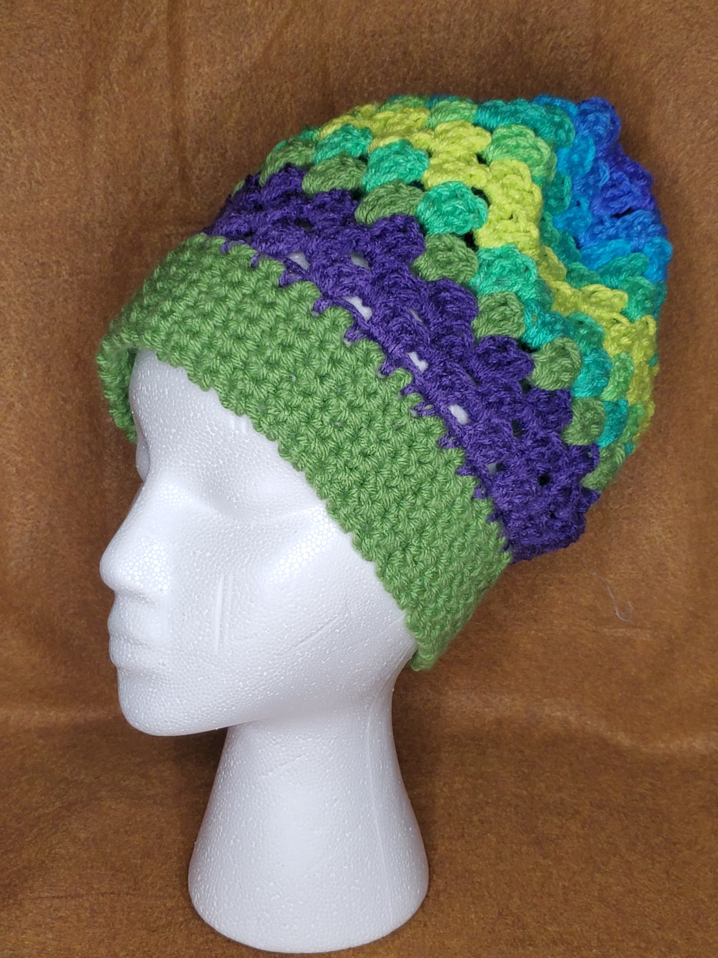 Green/ Purple/Yellow Beanie, Granny Stitch