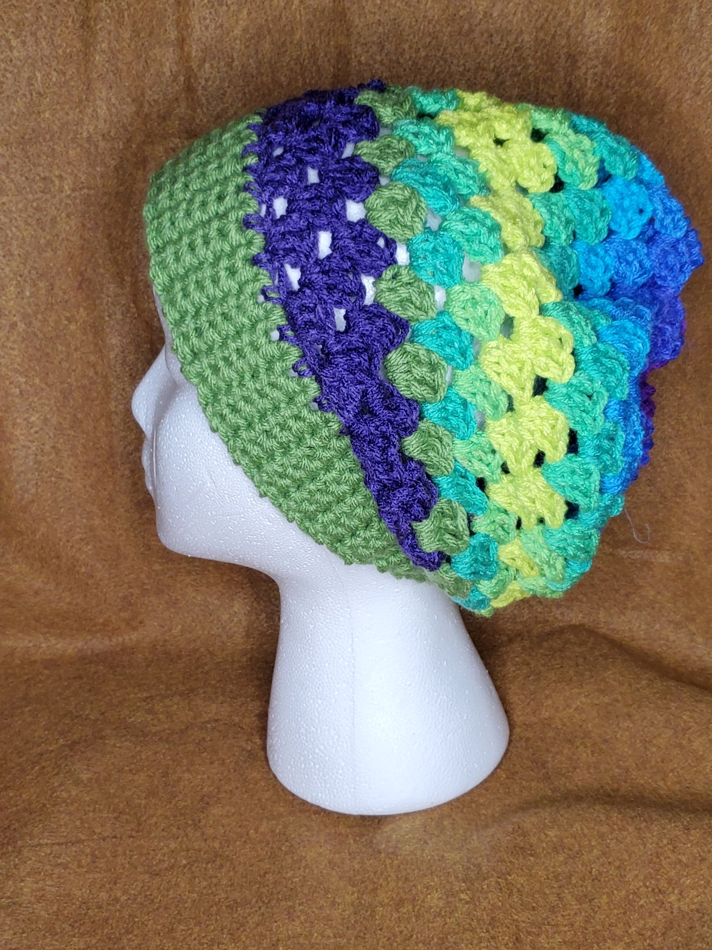 Green/ Purple/Yellow Beanie, Granny Stitch